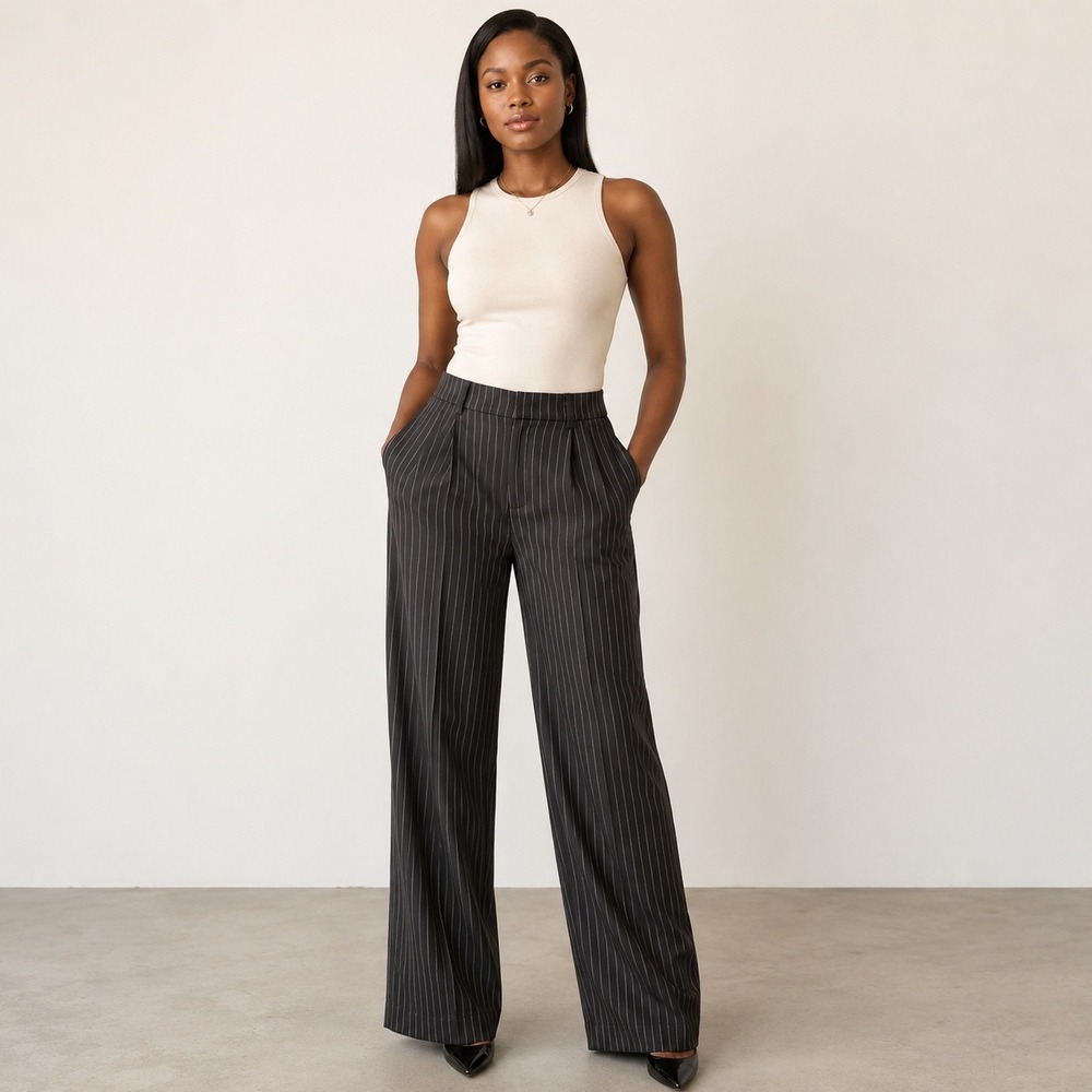 Nonchalant Label Harlow Pant Pinstripe Womens Gray M Wide Leg Pleated New